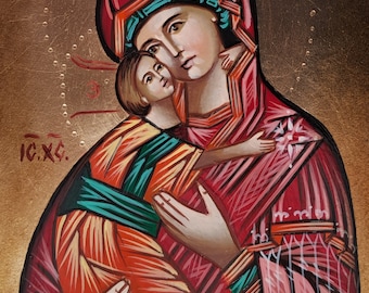 Holy Byzantine icon of Our Lady of Tenderness hand painted on wood.