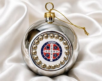 Silver Christmas Ball with Medal of St. Benedict
