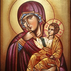 Sacred icon of Our Lady of Tenderness with Child hand painted on wooden board