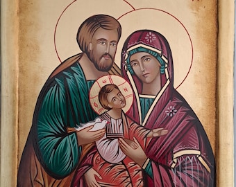 Icon Holy Family of Tenderness hand painted on wood with ancient Byzantine technique