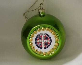 Saint Benedict Medal on a Green Christmas Ball - Religious Christmas Decoration