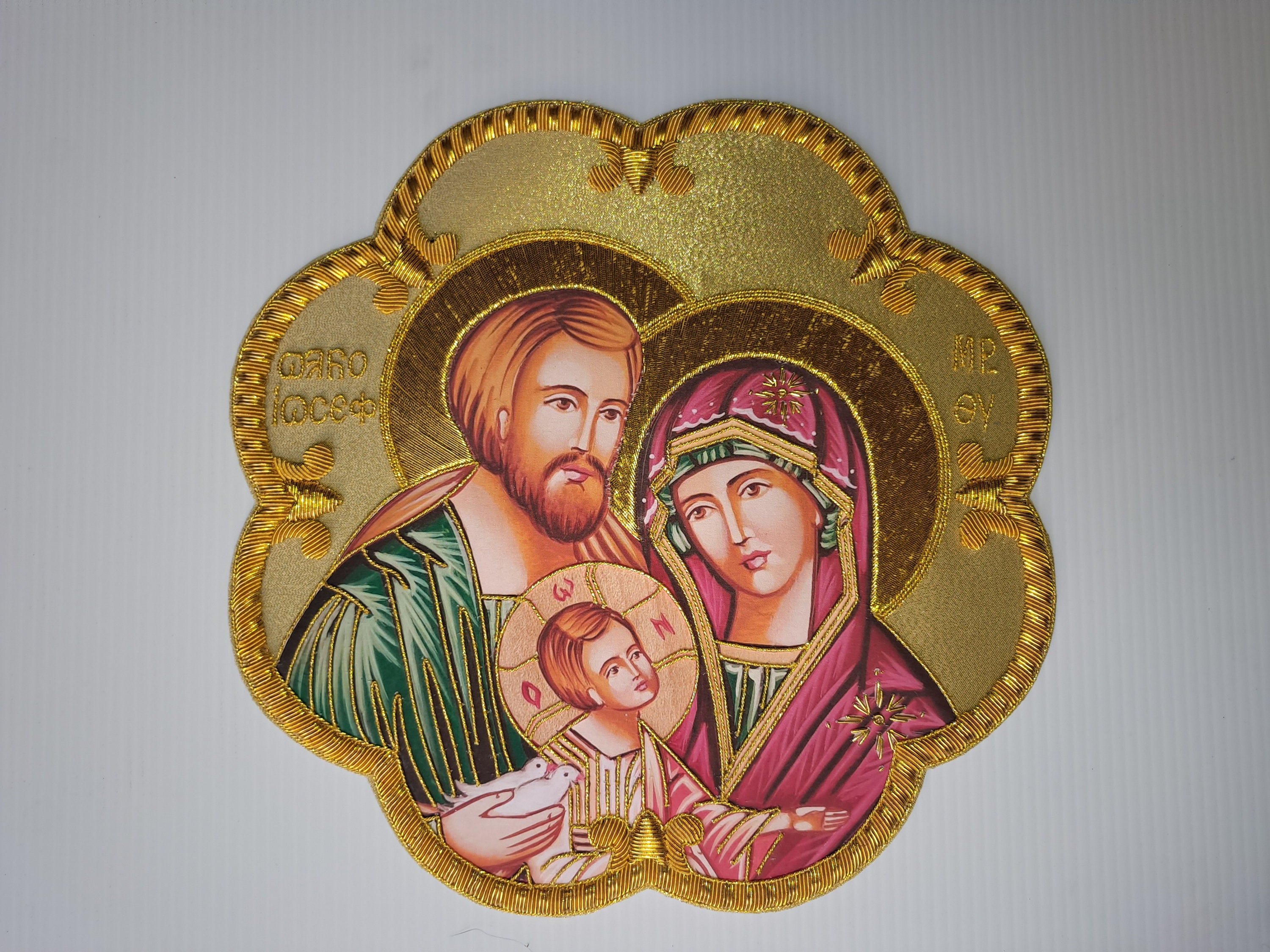 Holy Family icon hand embroidered with gold thread
