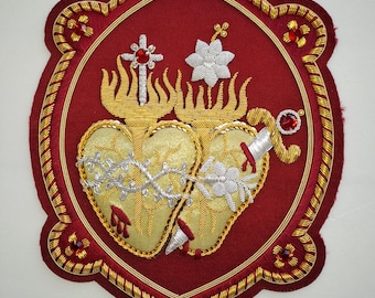 Sacred Heart of Jesus and Sacred Heart of Mary, hand-embroidered fabric icon in gold thread