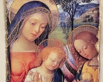 Reproduction of a fresco painting on lime 12 x 16 cm M. with Child and Saint John, in 18 KT gold leaf