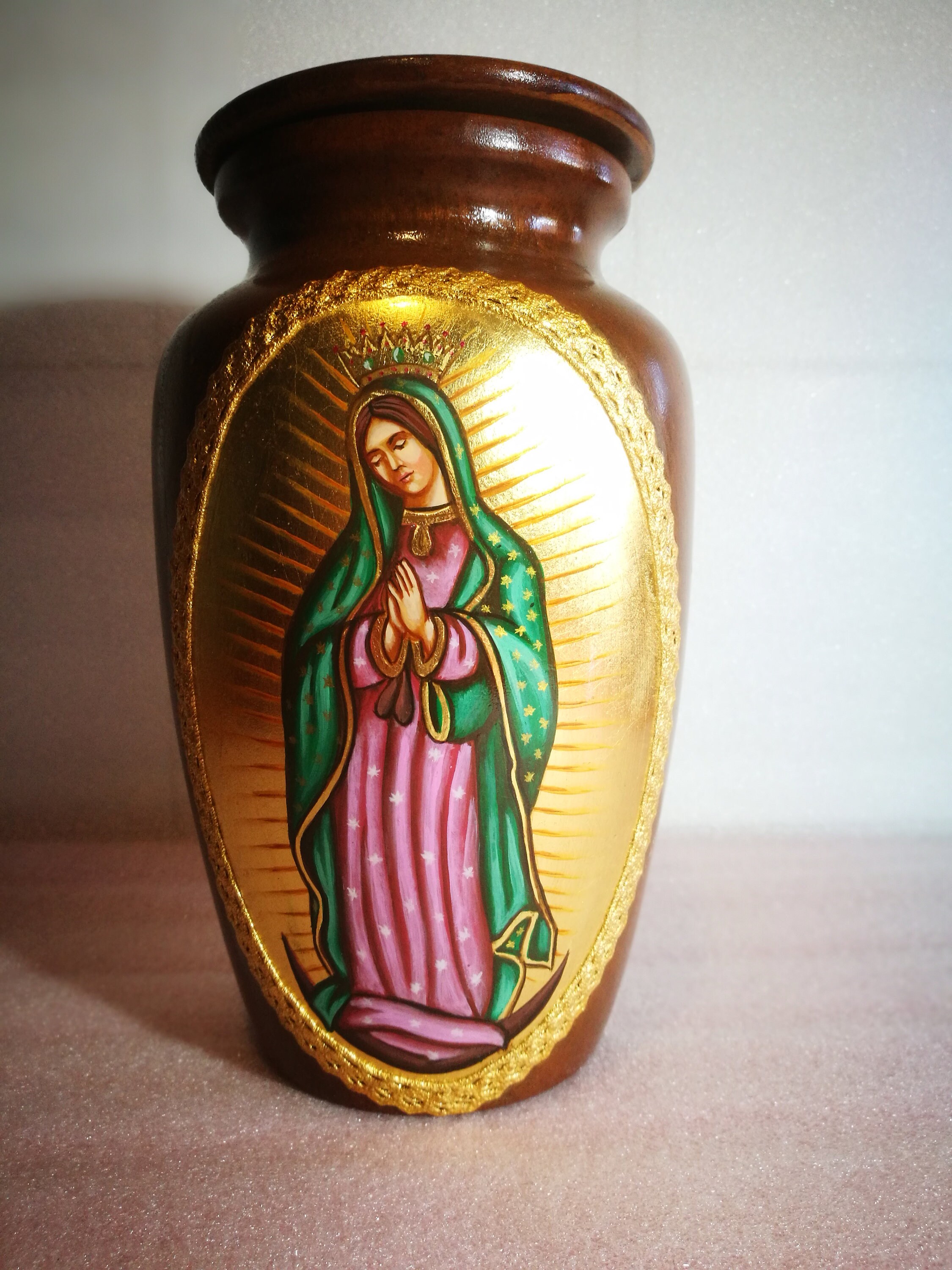 Urn Sacred wooden icon Madonna praying hand-painted Orthodox technique
