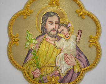 Icon of Saint Joseph and Baby Jesus and the lily hand embroidered with gold thread