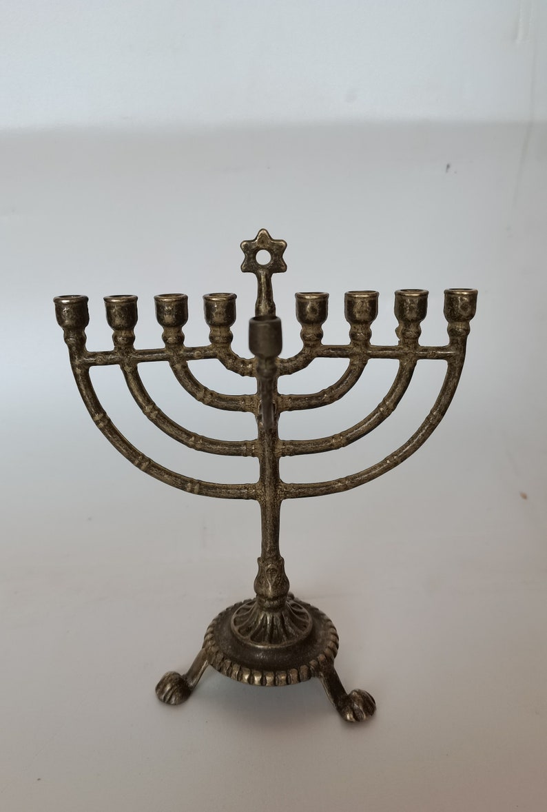 Jewish candlestick Hannukkah Chanukkiak burnished brass nine branches image 1