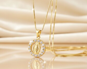 Miraculous Medal Necklace with Zircons and Gold-Tone 925 Silver Chain
