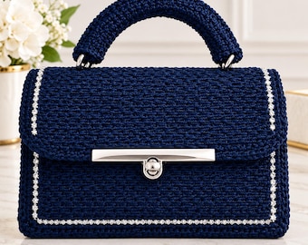 Elegant Women's Handcrafted Bag – Dark Blue with Silver Details