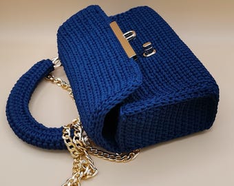 Handmade blue crochet bag – with gold chain shoulder strap