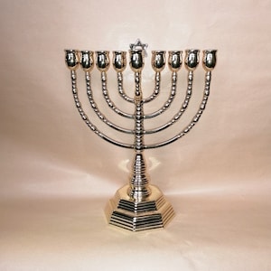 Jewish Menorah candlestick 9 arms in polished brass