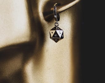 Valor Earrings Icosahedral Dice Gold Rhodium Sterling Silver Plated Paired Hoops