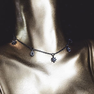 Midnight Single Stranded Teardrop Sunstar Cubic Zirconia Gunmetal Plated 14&quot;/16&quot;/18&quot; Necklace