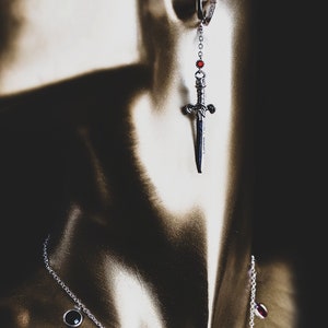 Ruin Earrings Sword Aquamarine Rose Ruby Sapphire Cubic Zirconia Rhodium Sterling Silver Plated Asymmetric Paired Hoops