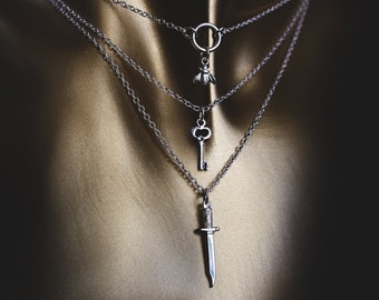 Pathway Set Bee Key Sword Silver Plated Stainless Steel 14",16",18"/16",18",20"/18",20",22" Stacking Necklaces