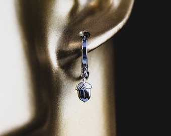 Oak Earrings Acorn Rhodium Plated Paired Hoops