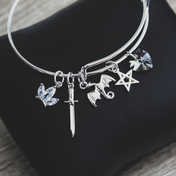 Coven Dainty Pentagram Wyvern Sword Crown Crystal Cubic Zirconia Plated Adjustable Bangle Bracelet Jewelry