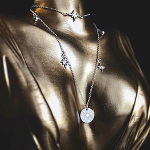 Destiny Set Teardrop Star Sunburst Silver Plated Stainless Steel 14&quot;,18&quot;/16&quot;,20&quot; Stacking Necklaces