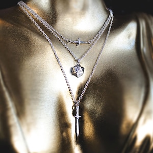 Nightsong Set Daggers Icosahedral Dice Silver Plated Stainless Steel 14",16",18"/16",18",20"/18",20",22" Stacking Necklaces