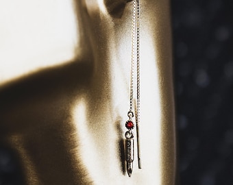 Nightplume Earrings Bullet Ruby Cubic Zirconia Gold Plated Sterling Silver Hypoallergenic Paired Threaders