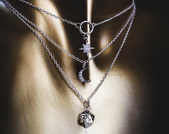 Moonmaiden Set Star Moon Icosahedral Dice Gold Silver Plated Stainless Steel 14",16",18"/16",18",20"/18",20",22" Separate Necklaces