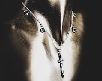 Rite Single Stranded Sword Emerald Obsidian Sapphire Ruby Silver Plated Stainless Steel 14"/16"/18" Necklace