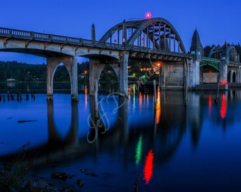Siuslaw River Bridge Reflections, Florence, Oregon, Fine Art Photographic Print, Night Photography, Color, Reflection