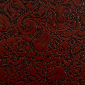 Embossed Cowhide leather Rose flower print Antique Red pre-cut sheet 8.5" x 11"/ 12" x 12" / Full hide 18-25 SQFT