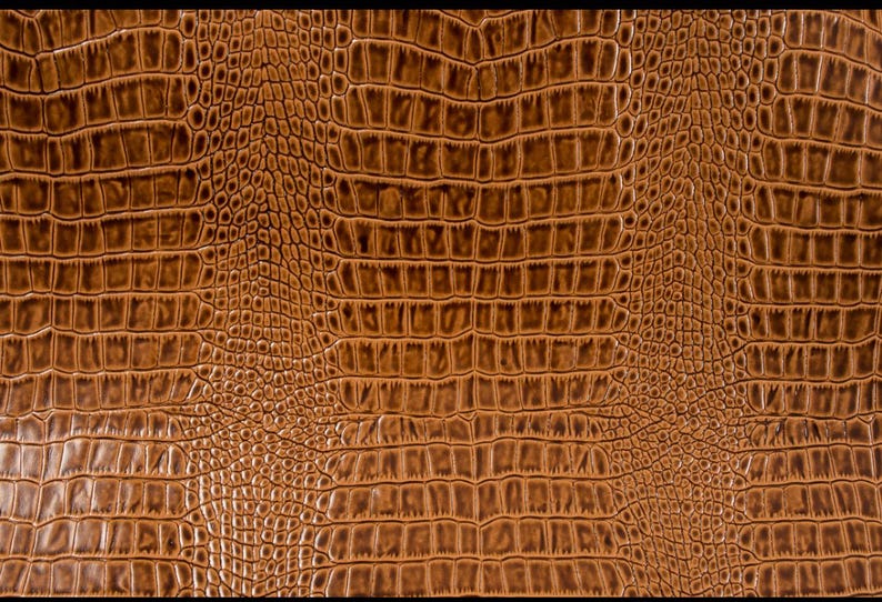 May include: Close-up of a brown faux leather texture with a crocodile skin pattern.