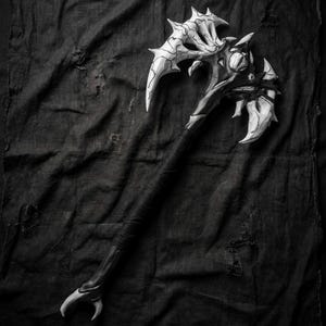 May include: A black and white fantasy axe with a detailed design. The axe head features a complex, spiky structure with white accents. The handle is wrapped in black material, and the overall aesthetic is dark and dramatic.