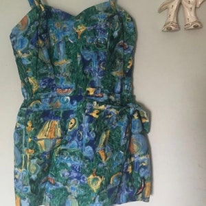 Vintage 1950s JANTZEN Swimwear Bathing Suit Abstract Novelty Blu Green S V&A resort cruise