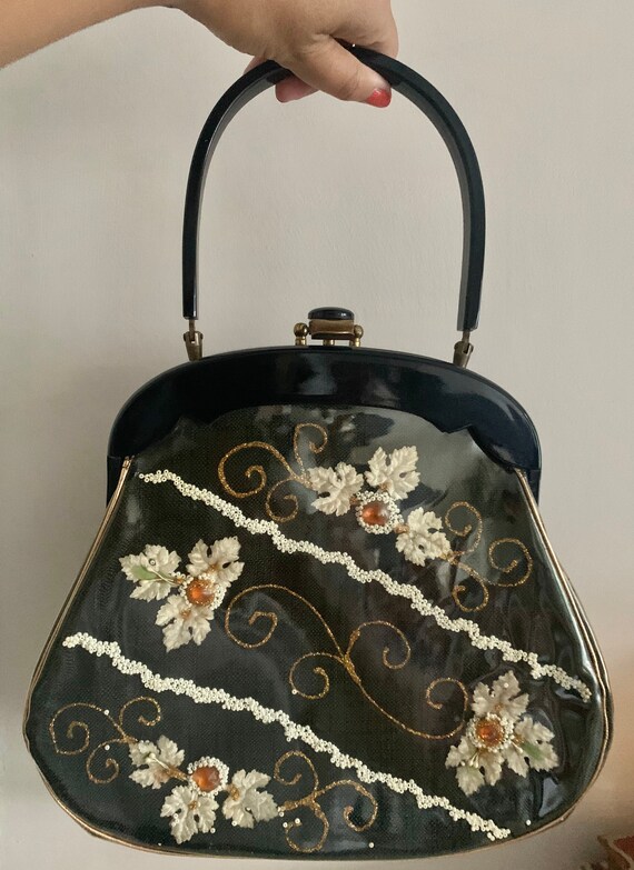 Vintage 1950s RIALTO black lucite evening bag purs