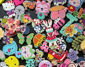 Wooden Buttons, 0.6-1.2 inch, Character Cartoon Buttons, Assorted, Craft, Sewing, Crafts Scrapbook Supplies, Art Projects flat back buttons