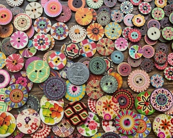 Mix of Colorful, Wooden Buttons / 0.6, 0.75, 1 inch sizes / Craft, Sewing, Notions, Vintage-style, Painted Buttons, Craft Supplies, DIY