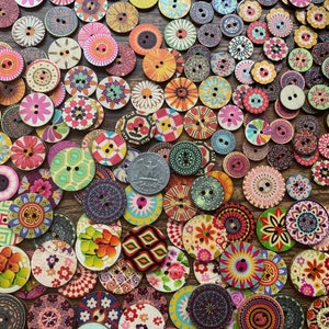 Mix of Colorful, Wooden Buttons / 0.6, 0.75, 1 inch sizes / Craft, Sewing, Notions, Vintage-style, Painted Buttons, Craft Supplies, DIY