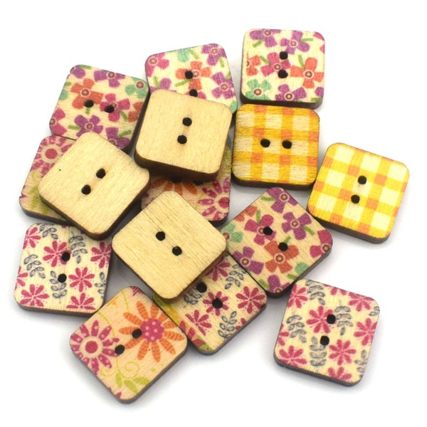 Mix of Colorful Square Buttons, Wooden Square Floral Buttons / 15mm / Craft, Sewing, Vintage-style, Painted Buttons, Craft Supplies, DIY