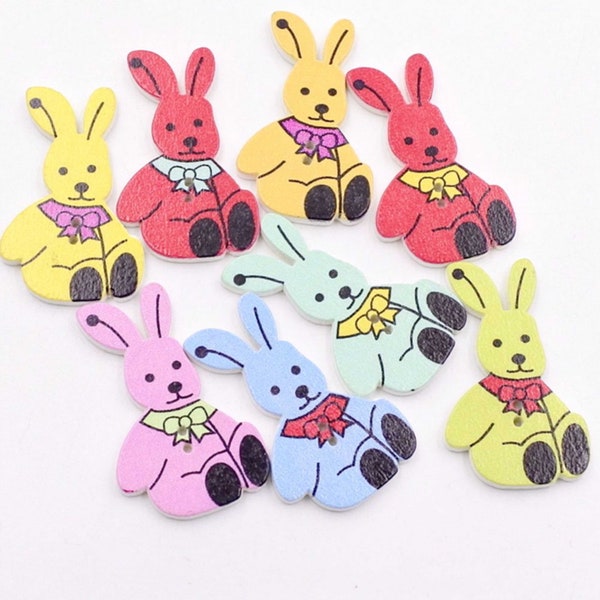 Wooden Bunny Buttons, Cute Design, Wooden buttons- 21mm X 34mm, 2-Holes, Mix Colors, Notions, DIY Crafts Supplies, Scrapbooking