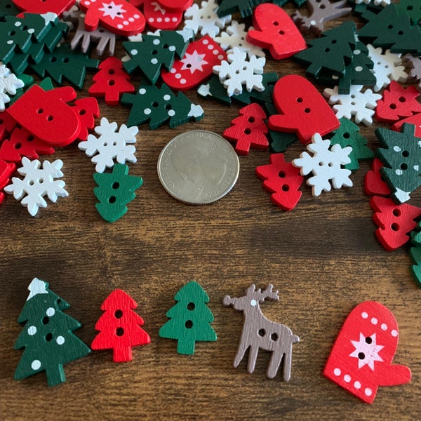 Mix of Christmas Wooden Buttons - Festive Christmas Buttons, Christmas Trees, Rudolph, Mittens, Candy Cane, Bells, DIY, Craft Supplies