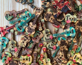 Wooden Buttons, 1 inch, Guitar Shaped Buttons, Assorted Styles, Sewing, Crafts Scrapbook Supplies, Art Projects Brown flat back Rock Crafts