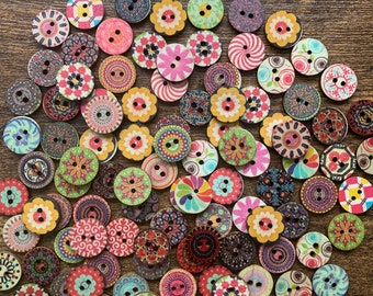 Colorful Wooden Buttons 0.6 inch size / Craft Supplies, Sewing, Notions, Vintage-style, Painted Buttons, Craft Supplies, Beautiful Buttons