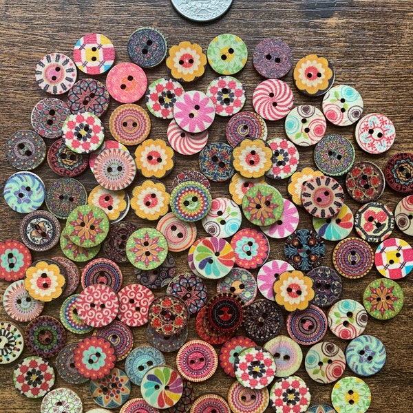 Colorful Wooden Buttons 0.6 inch size / Craft Supplies, Sewing, Notions, Vintage-style, Painted Buttons, Craft Supplies, Beautiful Buttons