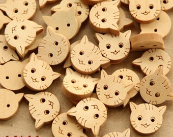 Mix of Brown Cat Buttons, Wooden Animal Buttons, Meow Buttons 15mm / Craft, Sewing, Vintage-style, Painted Buttons, Craft Supplies, DIY