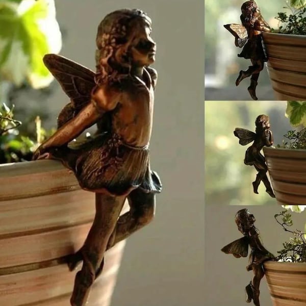 Juego de 4 estatuas de hadas de flores hechas a mano con alas de ángel para jardín interior al aire libre, decoración de habitaciones - escultura artística, adorno colgante, idea de regalo
