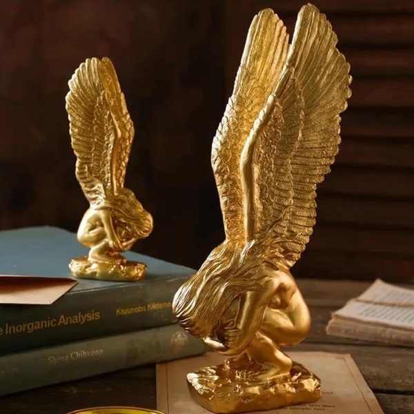 Golden Redemption Fairy Statue Angel Wings for Outdoor Miniature Garden and Indoor Living Room Decor, Art Sculpture, 5.9 In, Gift Home Decor