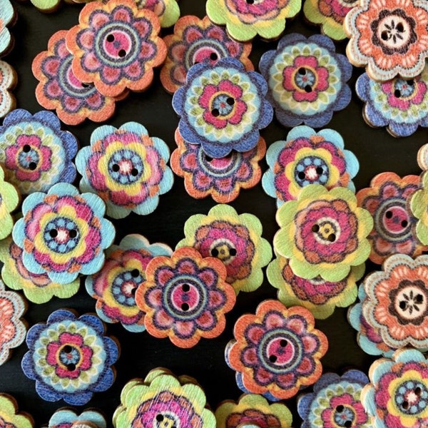 Mix of Colorful Flower Wooden Buttons 0.8 inch size / Craft, Sewing, Notions, Vintage-style, Painted Buttons, Holiday Crafts, Floral Buttons
