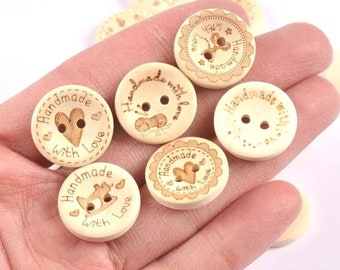 Crafters Wooden Buttons, Read Handmade With Love Buttons, 0.8 inch sized, Crafting, Sewing, Vintage-style, Natural Wood Colored Buttons