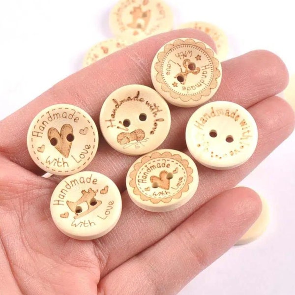 Crafters Wooden Buttons, Read Handmade With Love Buttons, 0.8 inch sized, Crafting, Sewing, Vintage-style, Natural Wood Colored Buttons