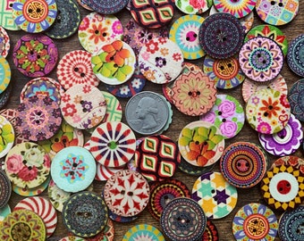 Colorful, Wooden Buttons 1 inch size / Craft Supplies, Sewing, Notions, Vintage-style, Painted Buttons, Craft Supplies, Beautiful Buttons