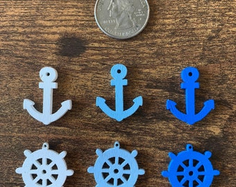 Nautical Themed Wooden Buttons, Marine Sea, Anchor and Ship Wheel, Beach Themed Buttons, Blue Colors, 20mm - 0.75 in, DIY Craft Supplies