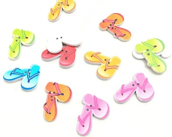 Mix of Colorful Wooden Flipflop Buttons / 1.25 inch / Craft, Sewing, Beach Buttons, Vintage-style, Painted Buttons, Craft Supplies, DIY